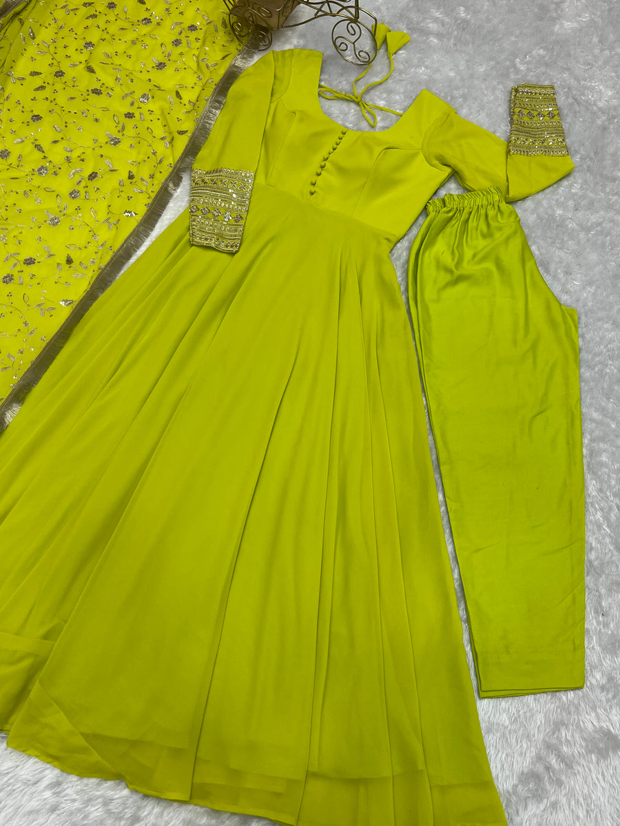 Liril Neon Color Base Flairy Anarkali Suit with Pant and Dupatta Set