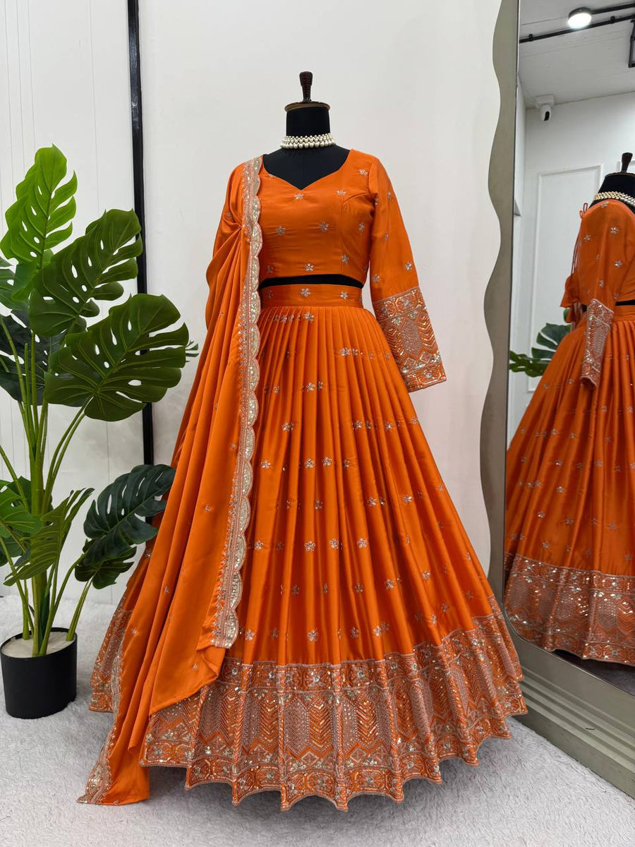 Orange Fanta Embroidered Satin Lehenga Choli for Women