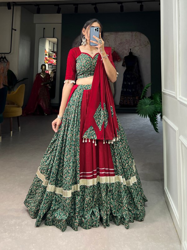 Navratri Special Maroon & Green Color Fully Flaired Pure Cotton Base Lehenga Choli Set