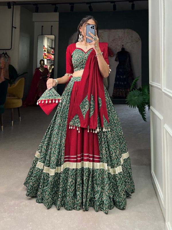 Navratri Special Maroon & Green Color Fully Flaired Pure Cotton Base Lehenga Choli Set