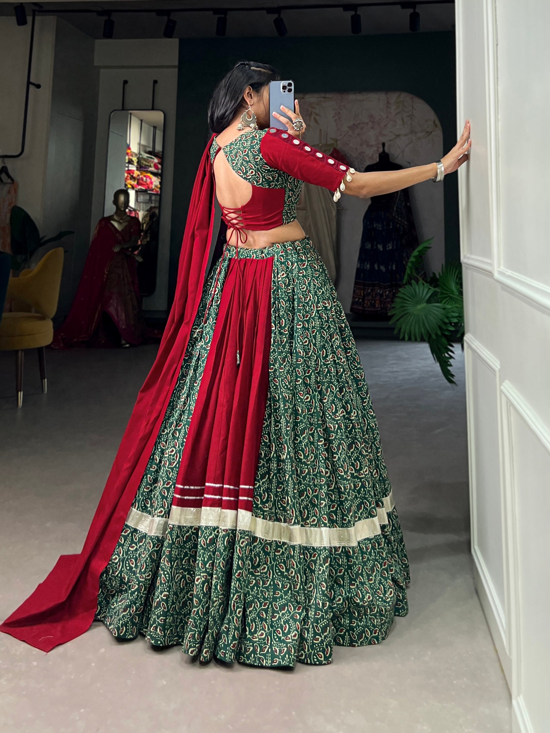 Navratri Special Maroon & Green Color Fully Flaired Pure Cotton Base Lehenga Choli Set