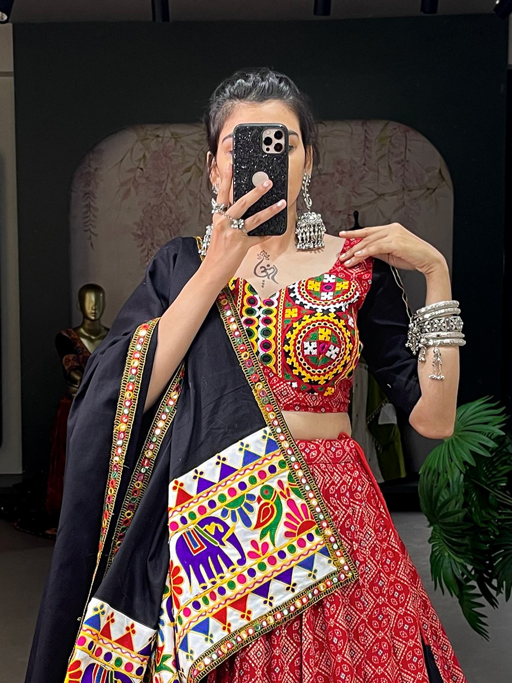 Navratri Special Black & Red Color Fully Flaired Pure Cotton Base Gamthi Work Lehenga Choli Set