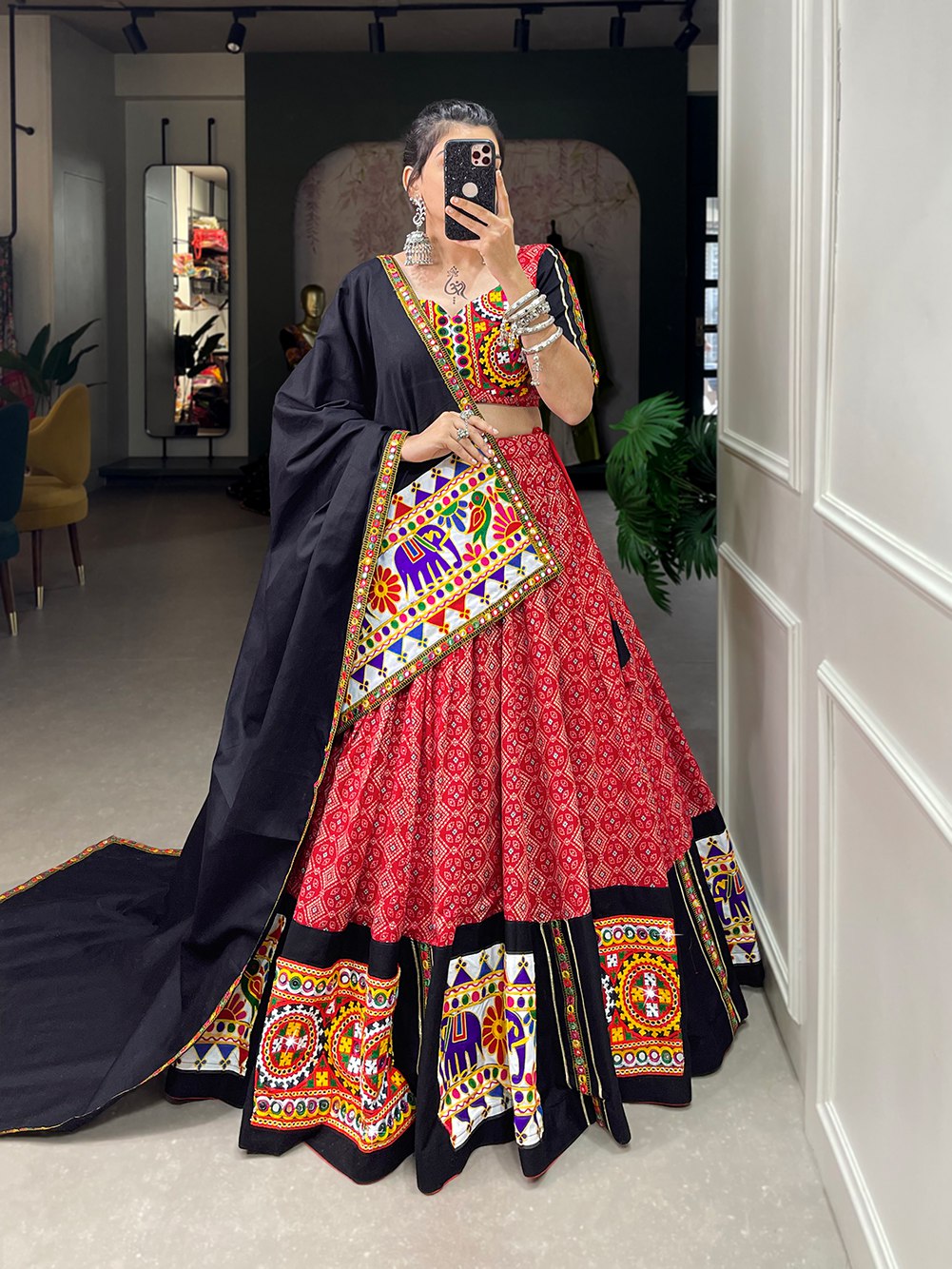 Navratri Special Black & Red Color Fully Flaired Pure Cotton Base Gamthi Work Lehenga Choli Set