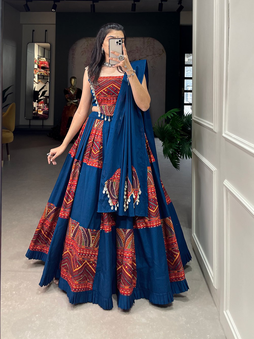 Navratri Special Blue & Red Color Fully Flaired Pure Cotton  Base Lehenga Choli Set