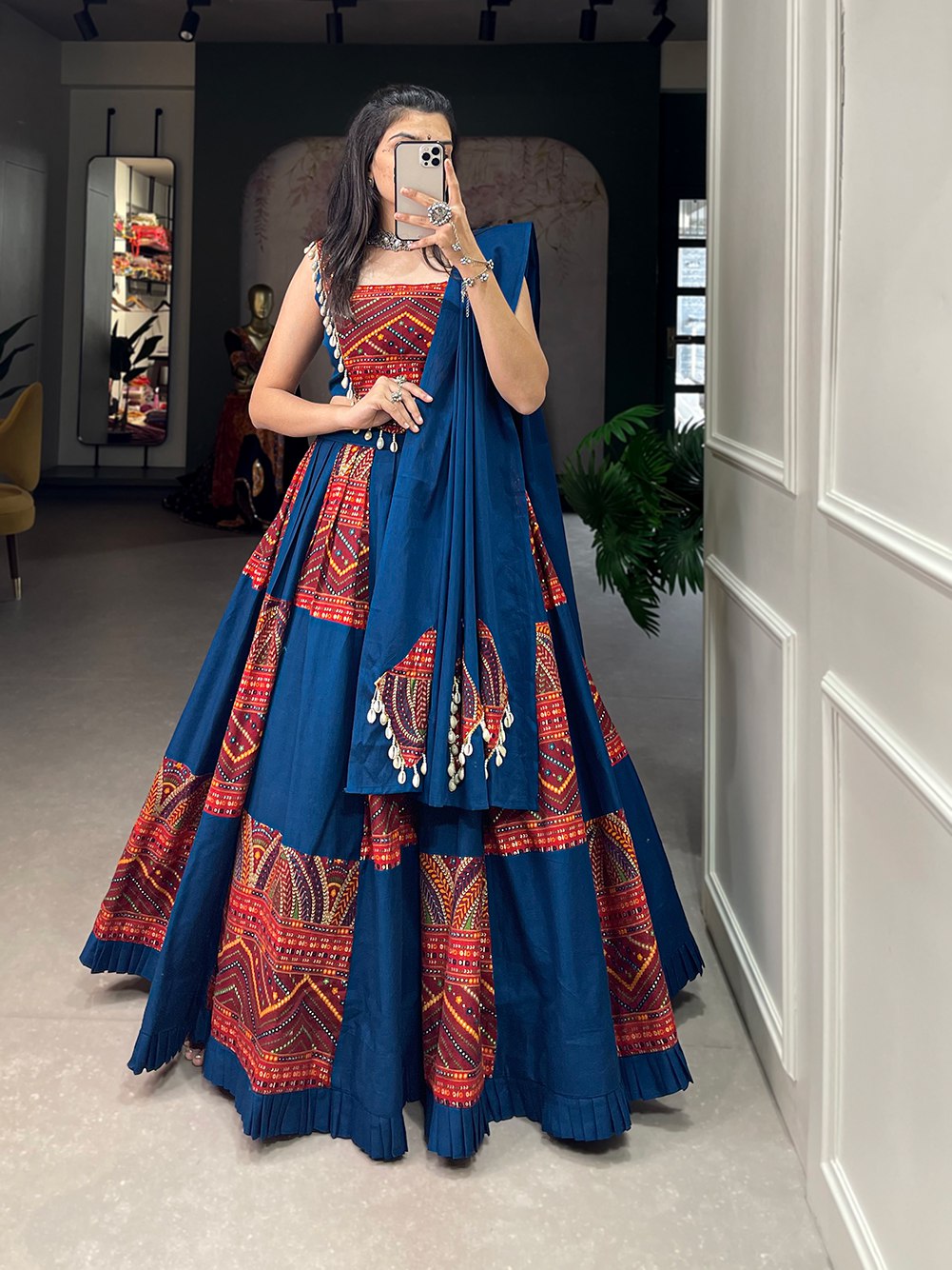 Navratri Special Blue & Red Color Fully Flaired Pure Cotton  Base Lehenga Choli Set