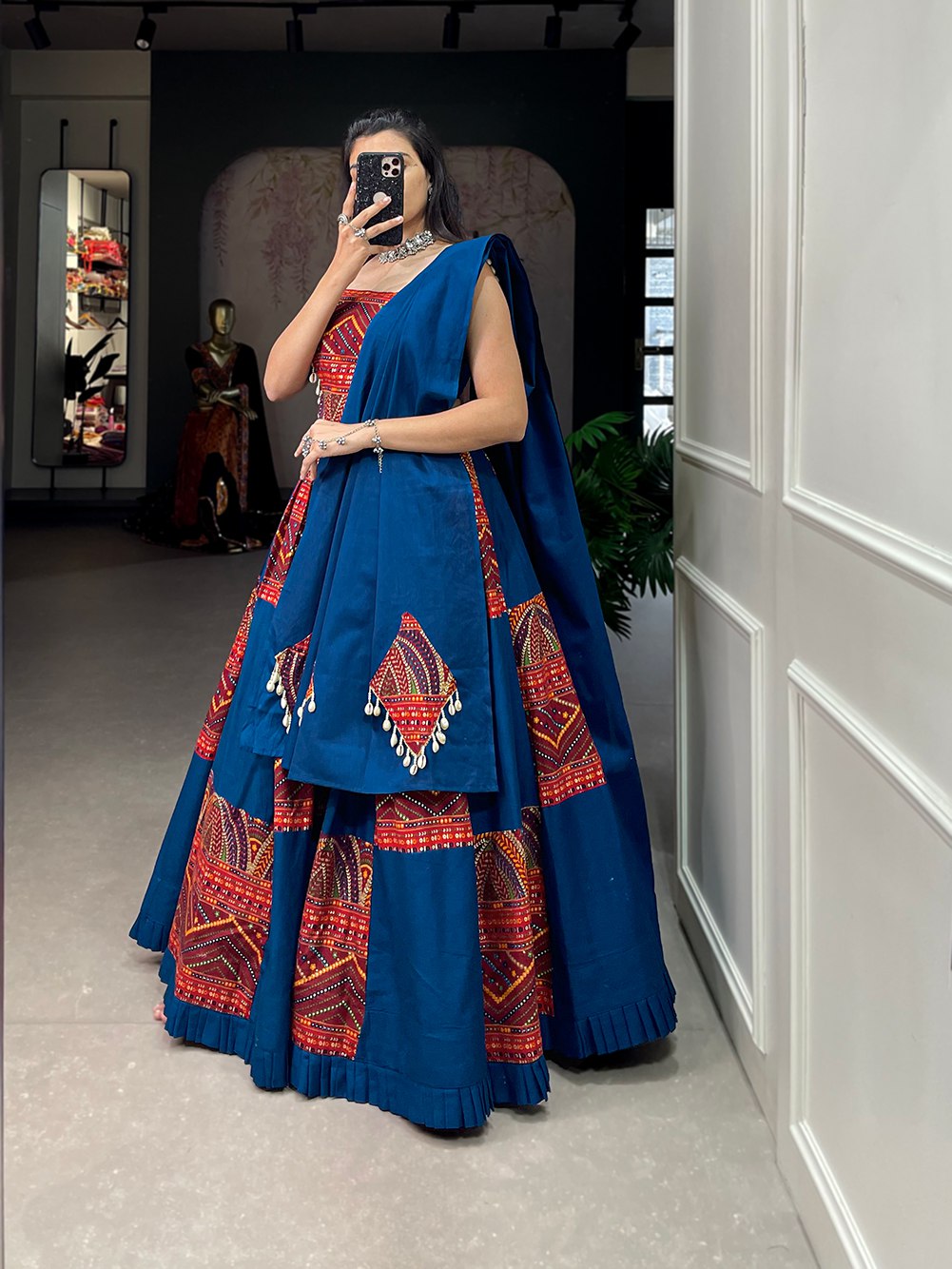 Navratri Special Blue & Red Color Fully Flaired Pure Cotton  Base Lehenga Choli Set