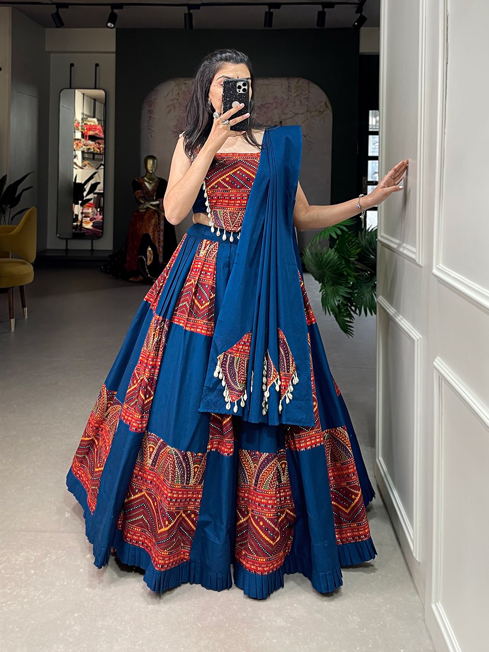 Navratri Special Blue & Red Color Fully Flaired Pure Cotton  Base Lehenga Choli Set