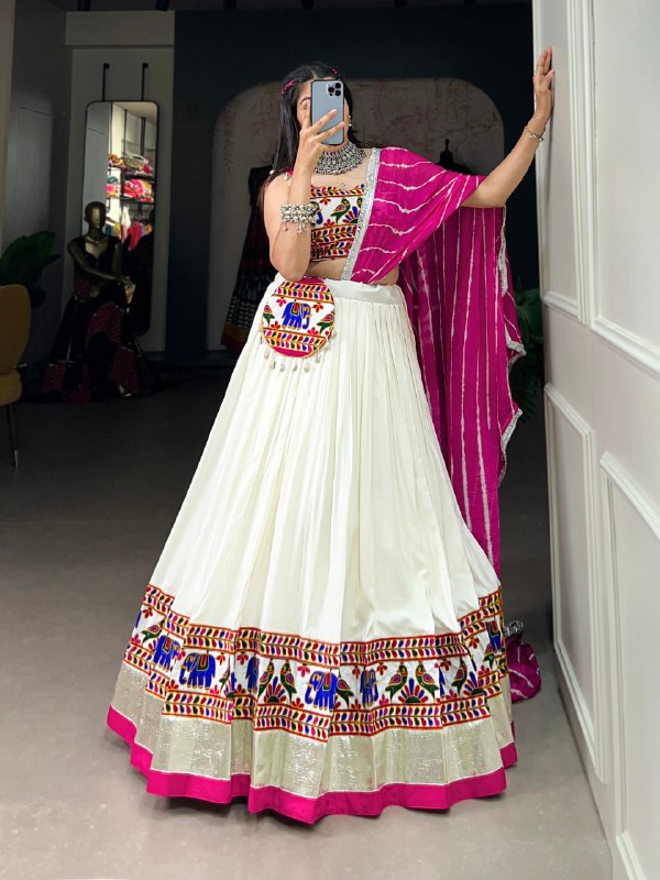 Navratri Special White & Pink Color Fully Flaired Pure Rayon Base Gamthi Work Lehenga Choli Set