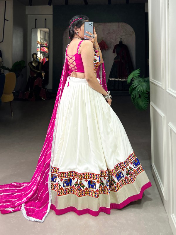 Navratri Special White & Pink Color Fully Flaired Pure Rayon Base Gamthi Work Lehenga Choli Set