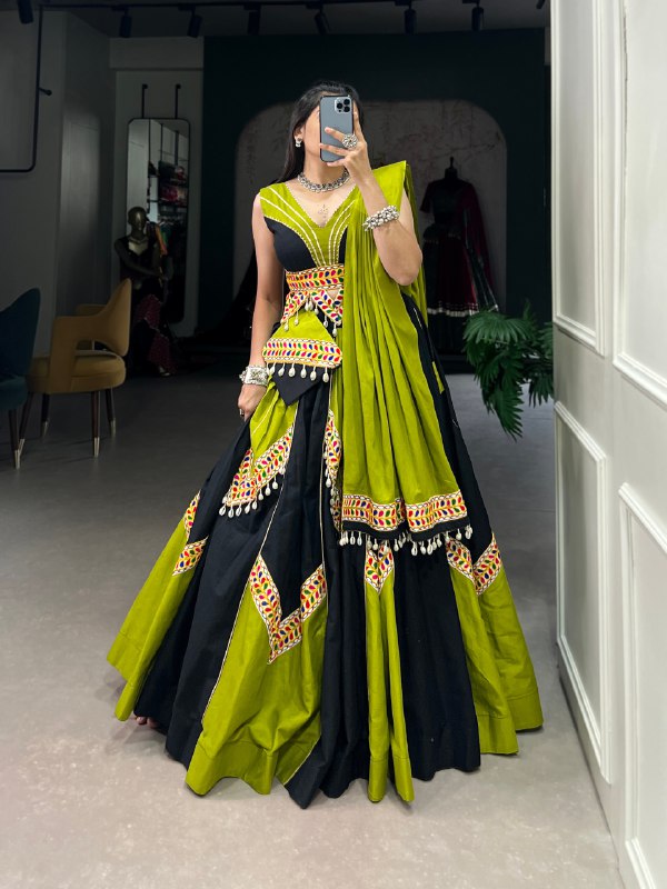 Navratri Special Black & Green Color Fully Flaired Pure Cotton Base Lehenga Choli Set