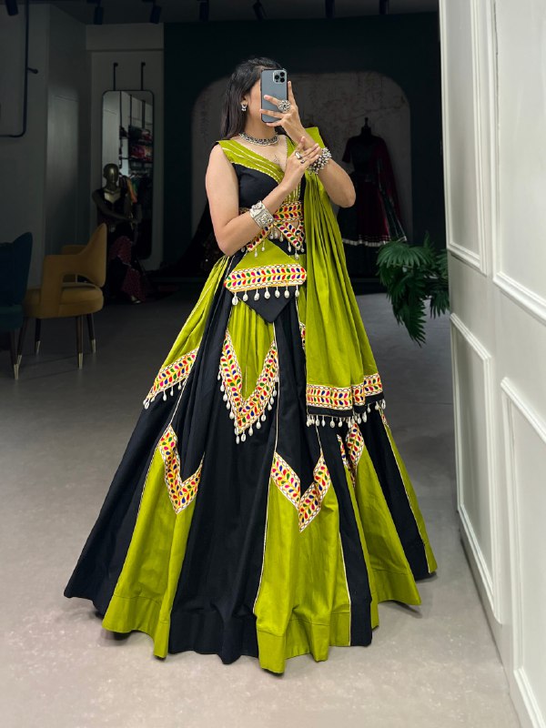 Navratri Special Black & Green Color Fully Flaired Pure Cotton Base Lehenga Choli Set