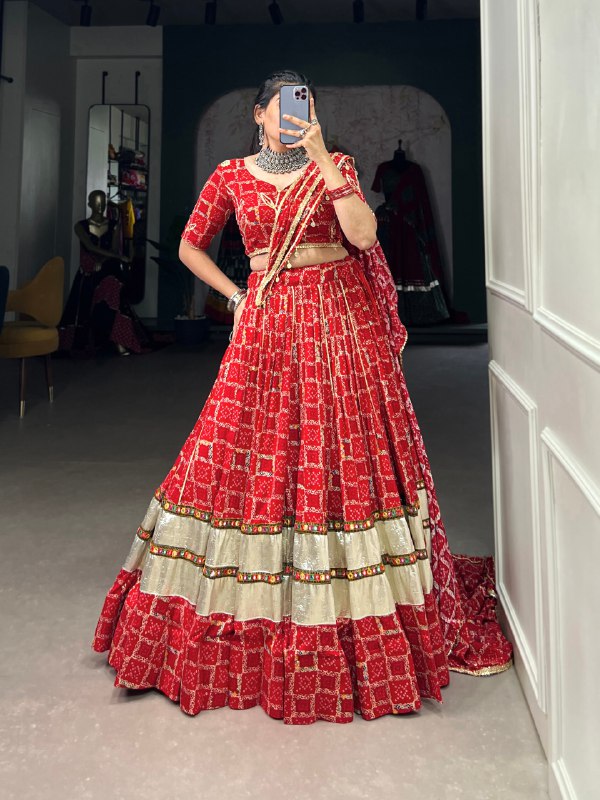 Navratri Special Red Color Fully Flaired Pure Rayon Base Lehenga Choli Set