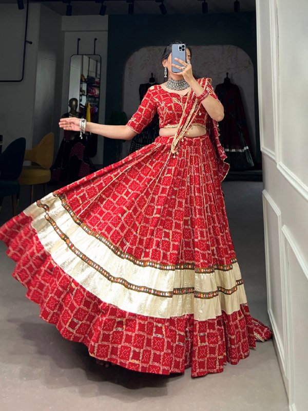 Navratri Special Red Color Fully Flaired Pure Rayon Base Lehenga Choli Set