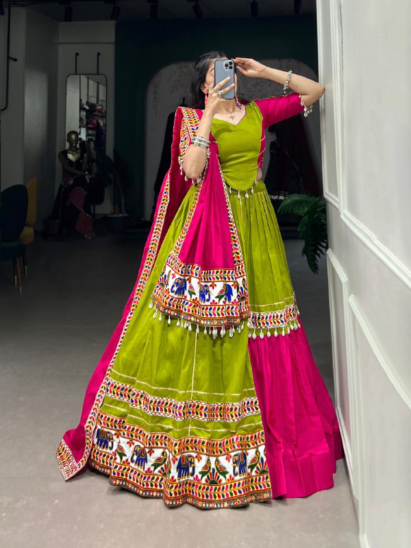 Navratri Special Pink & Parrot Green Color Fully Flaired Pure Cotton Base Lehenga Choli Set