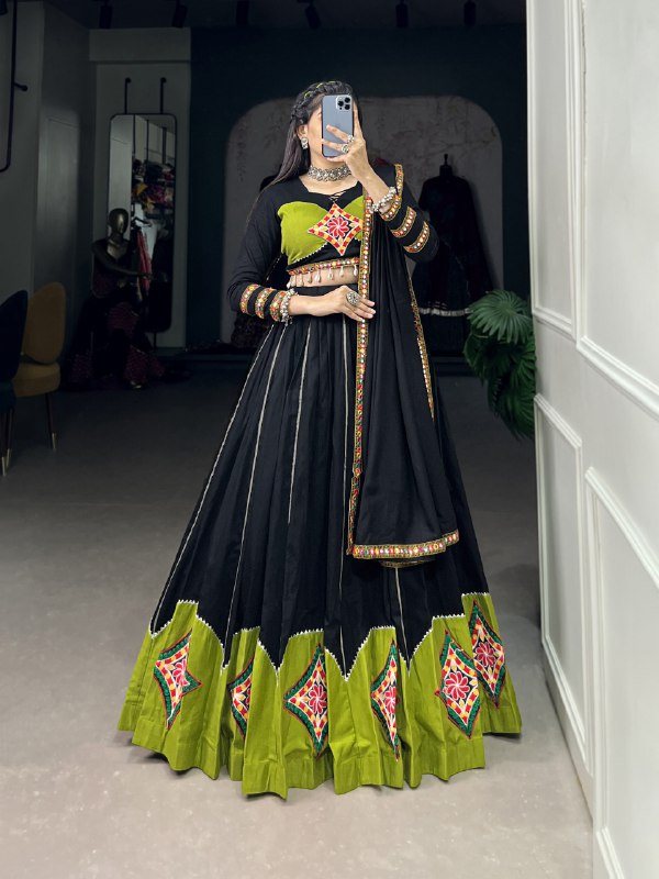 Navratri Special Green & Black Color Fully Flaired Pure Cotton Base Lehenga Choli Set