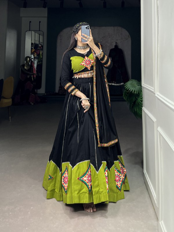 Navratri Special Green & Black Color Fully Flaired Pure Cotton Base Lehenga Choli Set