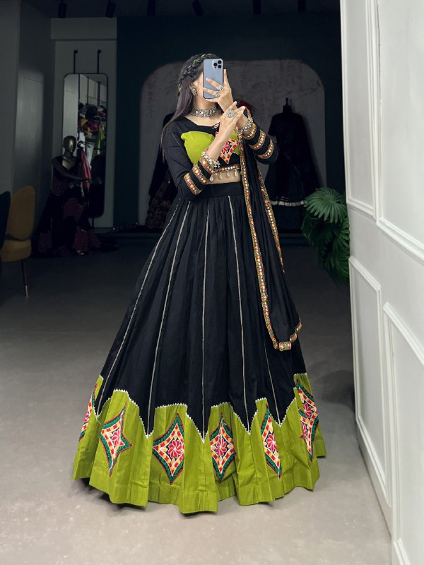 Navratri Special Green & Black Color Fully Flaired Pure Cotton Base Lehenga Choli Set