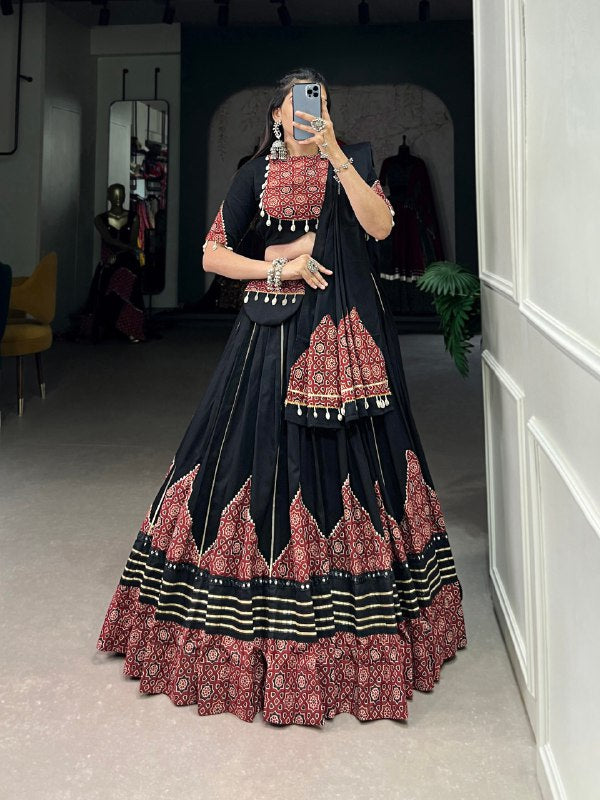 Navratri Special Maroon & Black Color Fully Flaired Pure Cotton Base Lehenga Choli Set