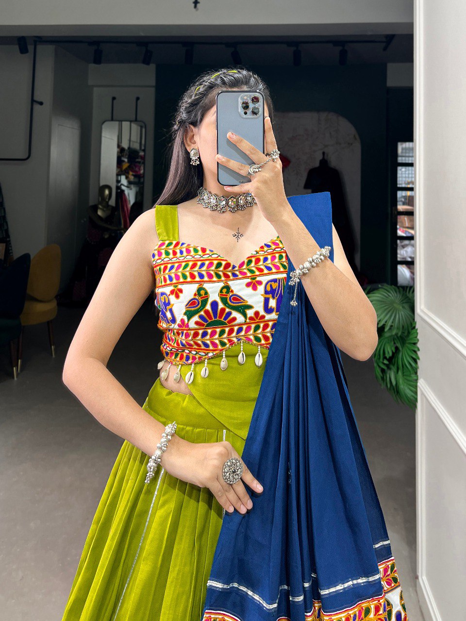 Navratri Special Parrot Green Color Fully Flaired Pure Cotton Base Leh Queenchoice India Navratri Special Parrot Green Color Fully Flaired Pure Cotton Base Leh Queenchoice India