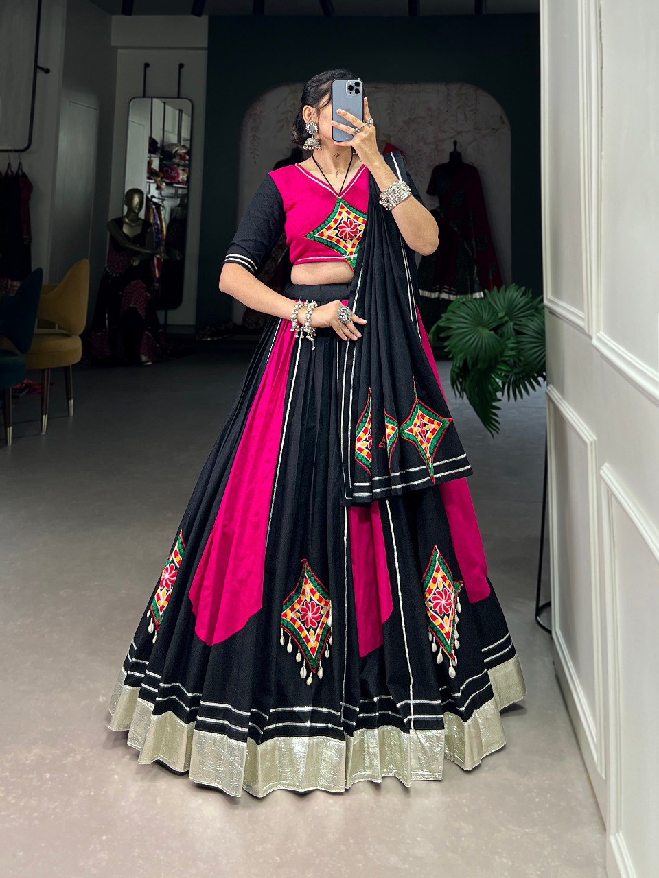 Navratri Special Pink ad Black Color Fully Flaired Pure Cotton Base Gamthi Work Lehenga Choli Set