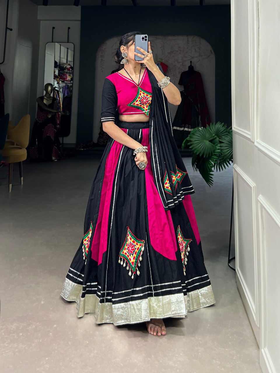 Navratri Special Pink ad Black Color Fully Flaired Pure Cotton Base Gamthi Work Lehenga Choli Set