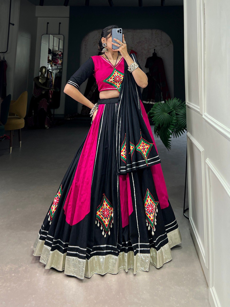 Navratri Special Pink ad Black Color Fully Flaired Pure Cotton Base Gamthi Work Lehenga Choli Set