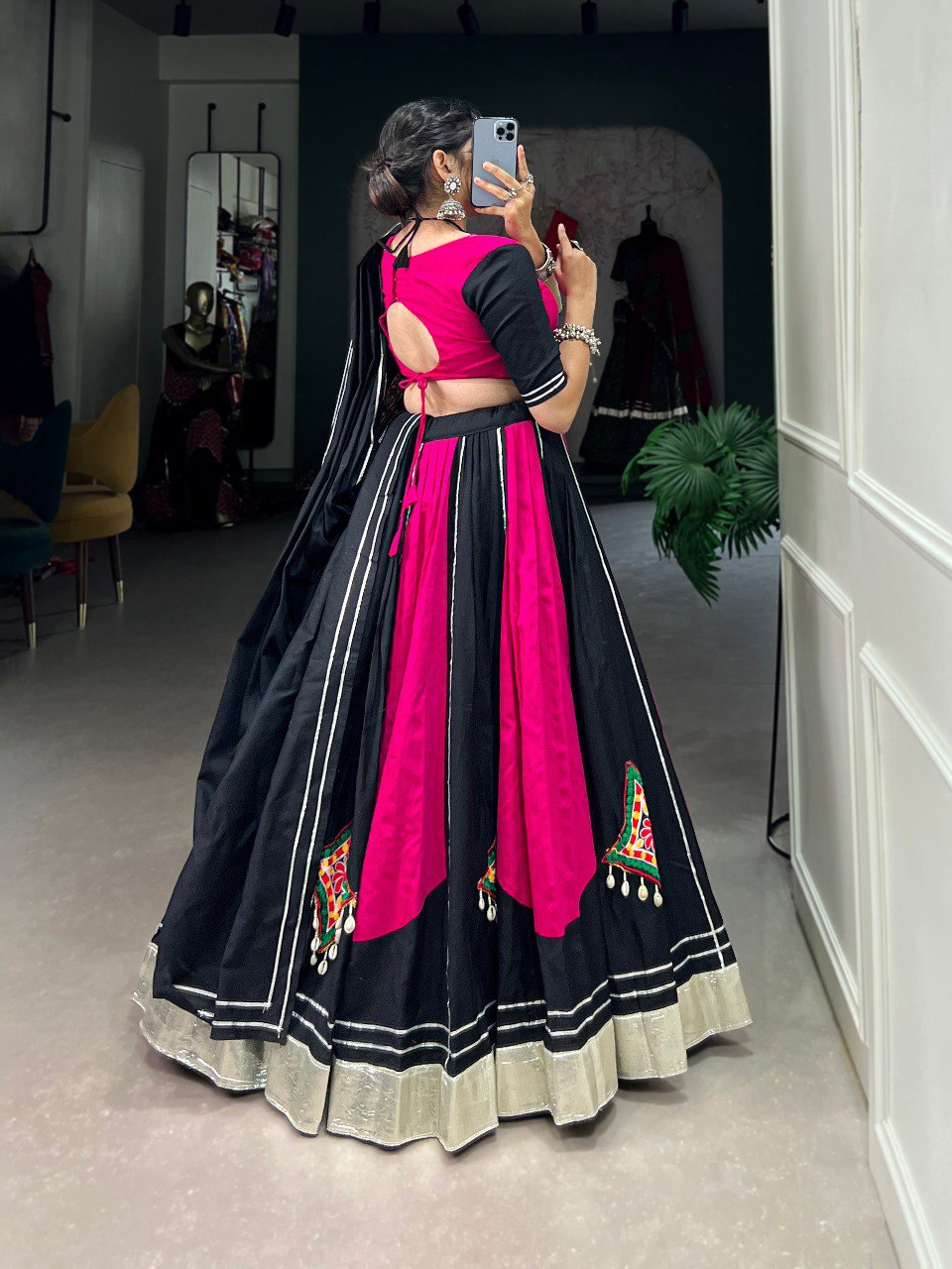 Navratri Special Pink ad Black Color Fully Flaired Pure Cotton Base Gamthi Work Lehenga Choli Set