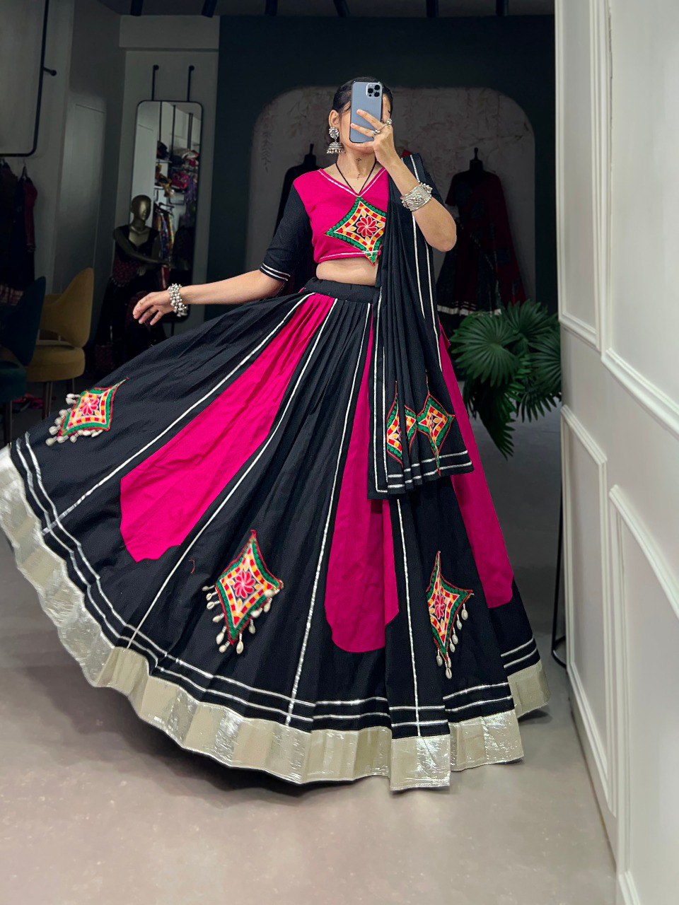 Navratri Special Pink ad Black Color Fully Flaired Pure Cotton Base Gamthi Work Lehenga Choli Set