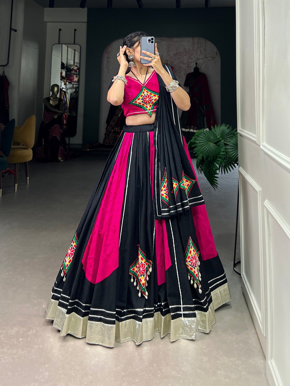 Navratri Special Pink ad Black Color Fully Flaired Pure Cotton Base Gamthi Work Lehenga Choli Set