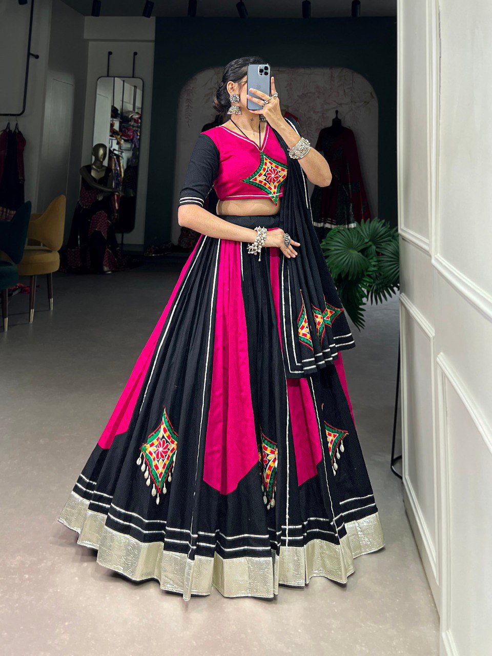 Navratri Special Pink ad Black Color Fully Flaired Pure Cotton Base Gamthi Work Lehenga Choli Set