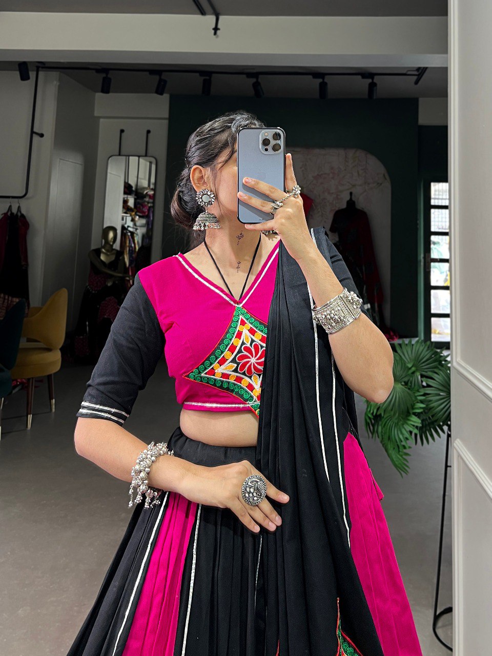 Navratri Special Pink ad Black Color Fully Flaired Pure Cotton Base Gamthi Work Lehenga Choli Set