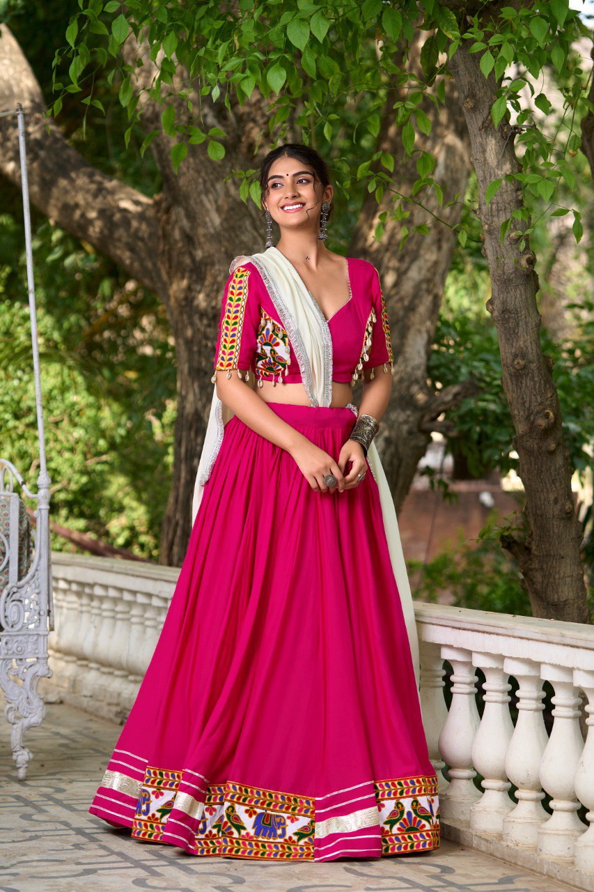 Navratri Special Pink Color Fully Flaired Pure Rayon Fabric Base Gamthi Work Lehenga Choli Set