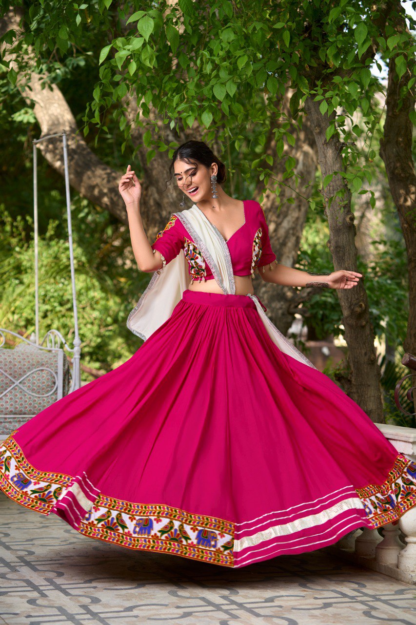 Navratri Special Pink Color Fully Flaired Pure Rayon Fabric Base Gamthi Work Lehenga Choli Set