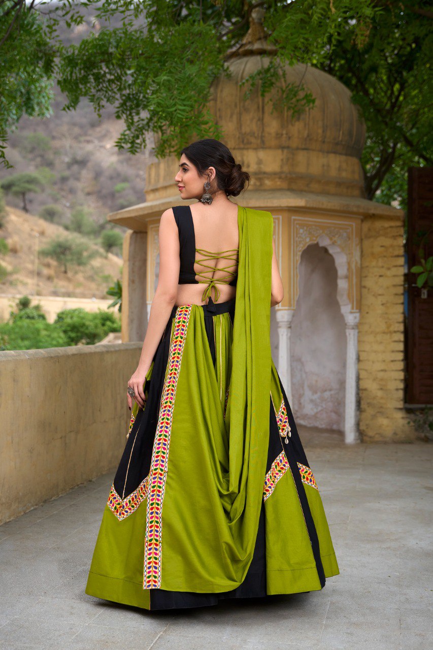 Navratri Special Green & Black Color Fully Flaired Pure Cotton Base Gamthi Work Lehenga Choli Set