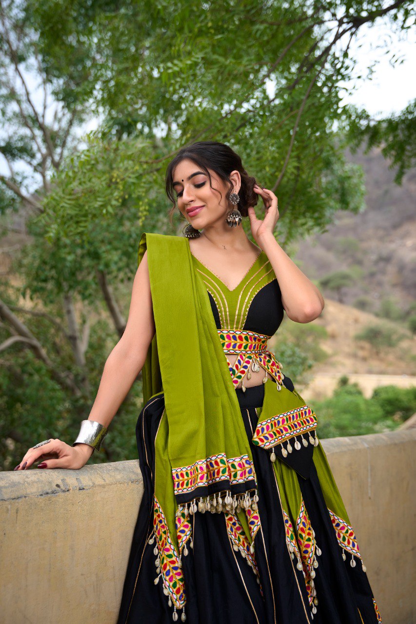 Navratri Special Green & Black Color Fully Flaired Pure Cotton Base Gamthi Work Lehenga Choli Set