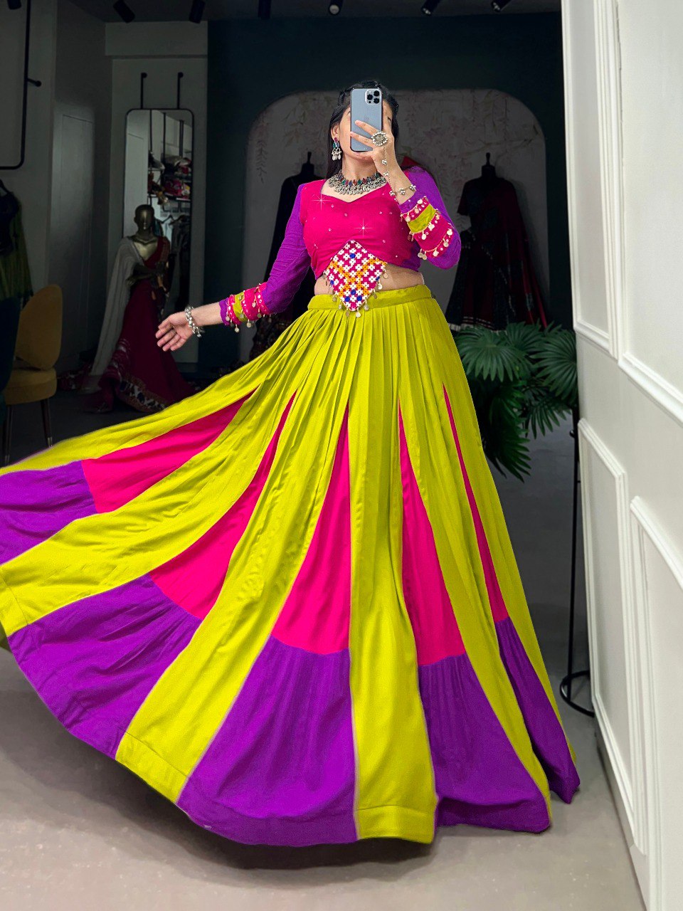 Navratri Special Multicolor Fully Flaired Pure Rayon Base Lehenga Choli Set