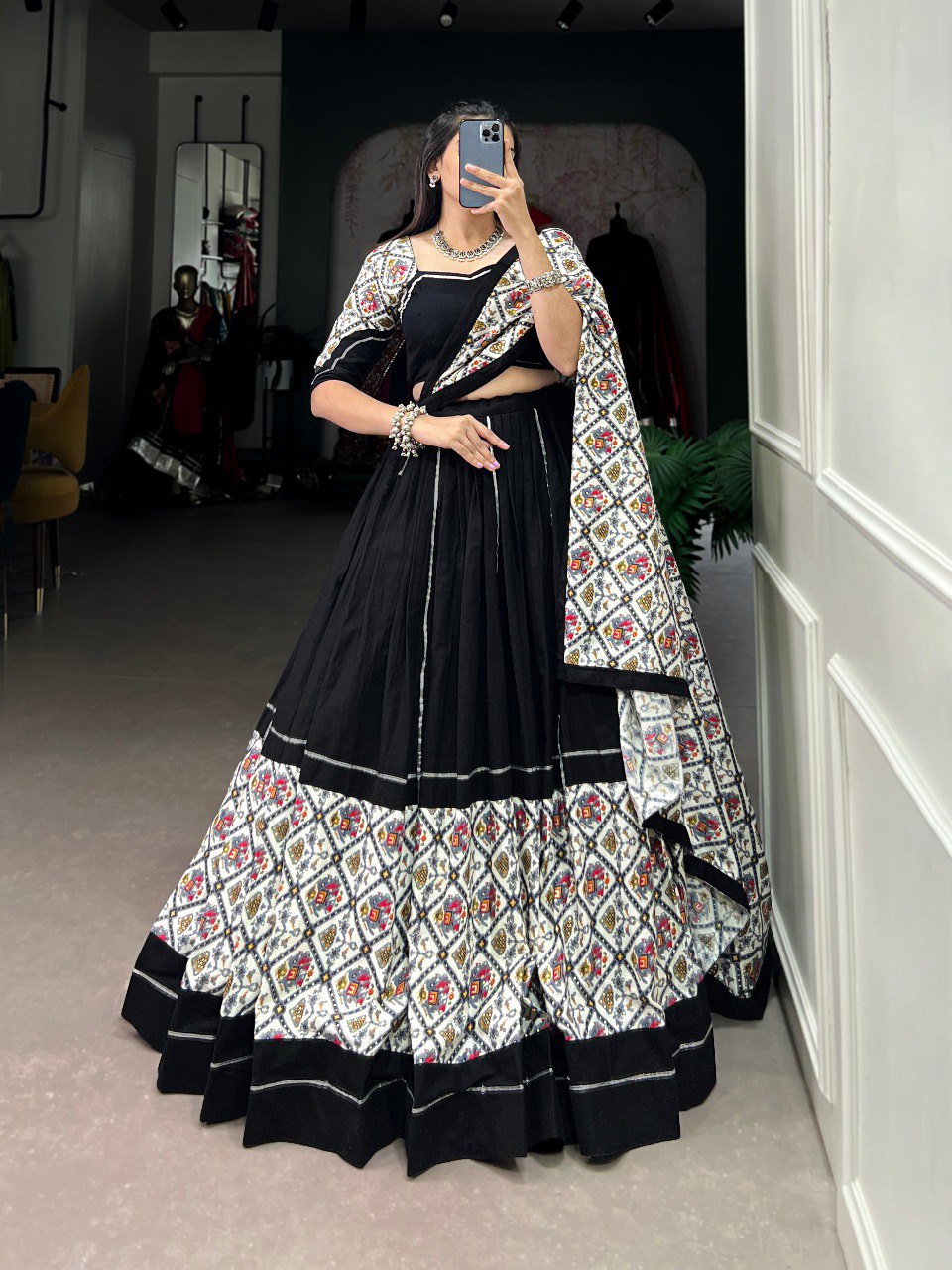 Navratri Special Black & White Color Fully Flaired Pure Cotton Base Lehenga Choli Set