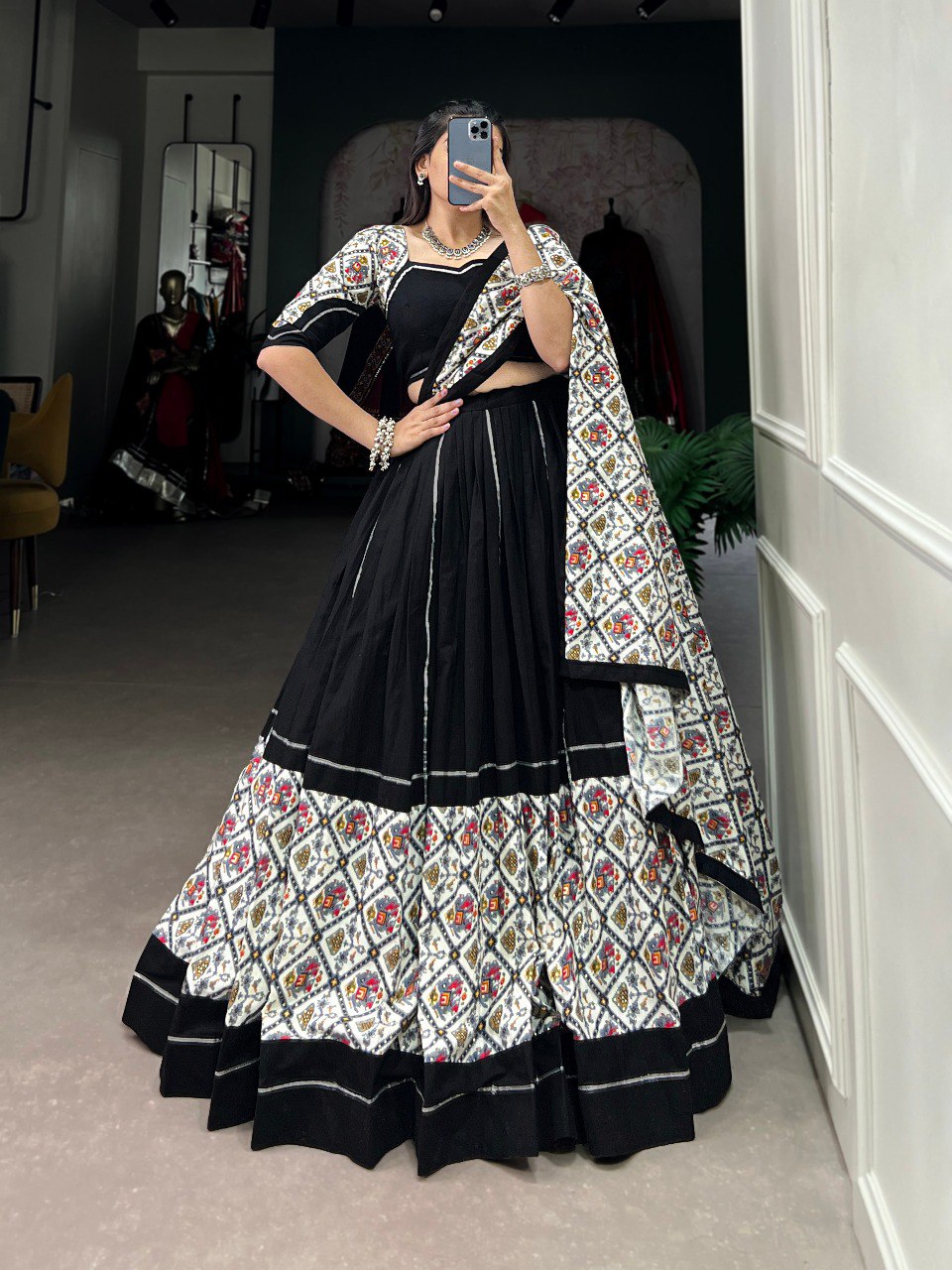 Navratri Special Black & White Color Fully Flaired Pure Cotton Base Lehenga Choli Set