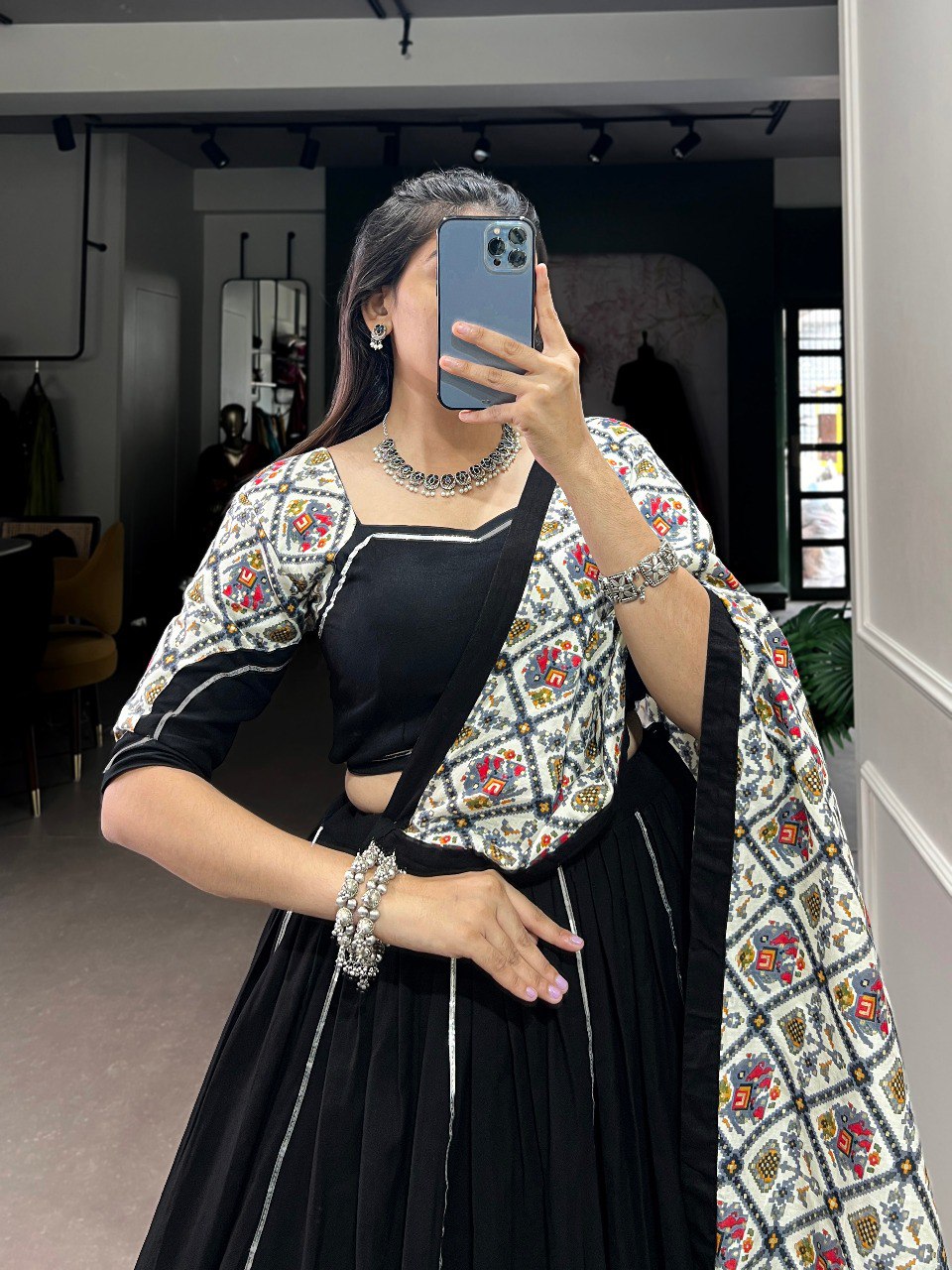 Navratri Special Black & White Color Fully Flaired Pure Cotton Base Lehenga Choli Set