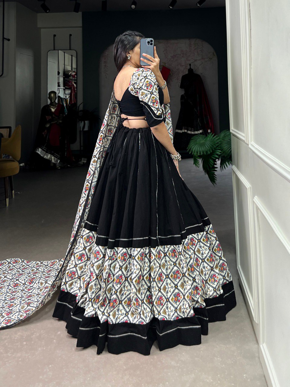 Navratri Special Black & White Color Fully Flaired Pure Cotton Base Lehenga Choli Set