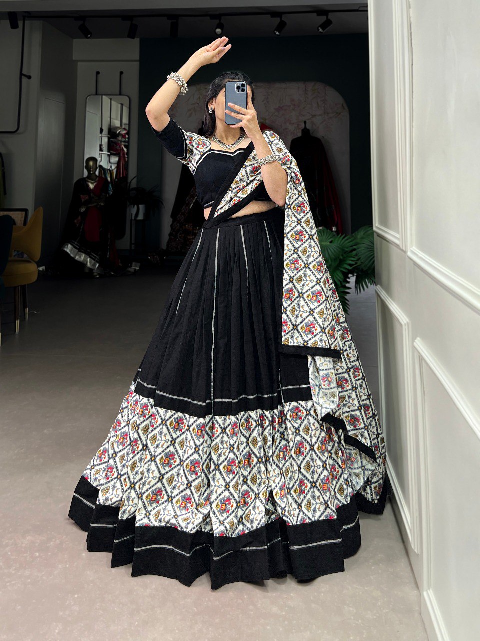 Navratri Special Black & White Color Fully Flaired Pure Cotton Base Lehenga Choli Set