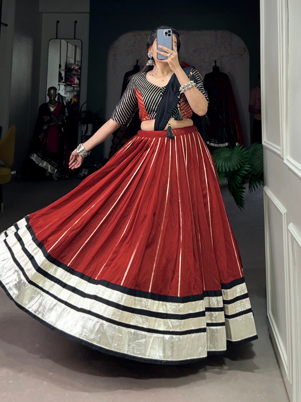 Navratri Special Black & Maroon Color Fully Flaired Chanderi Base Lehenga Choli Set