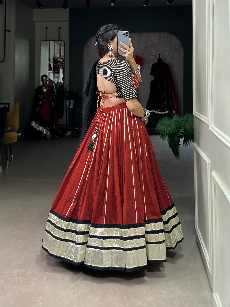 Navratri Special Black & Maroon Color Fully Flaired Chanderi Base Lehenga Choli Set