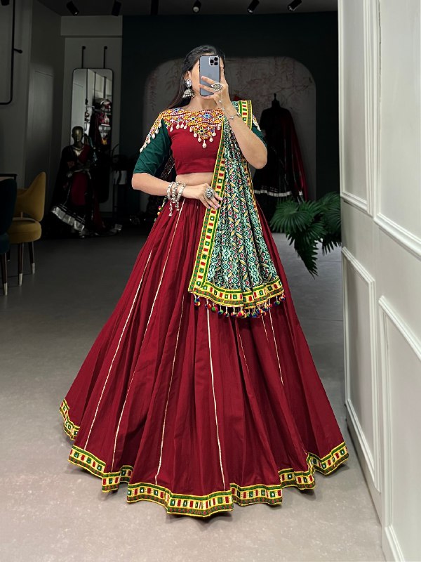 Navratri Special Red Color Fully Flaired Pure Cotton Base Lehenga Choli Set