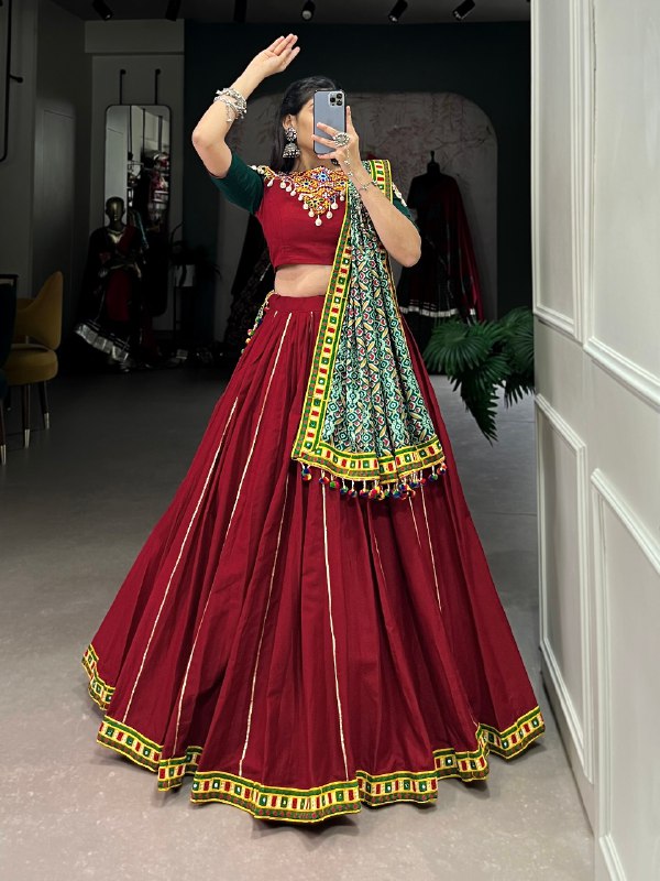 Navratri Special Red Color Fully Flaired Pure Cotton Base Lehenga Choli Set