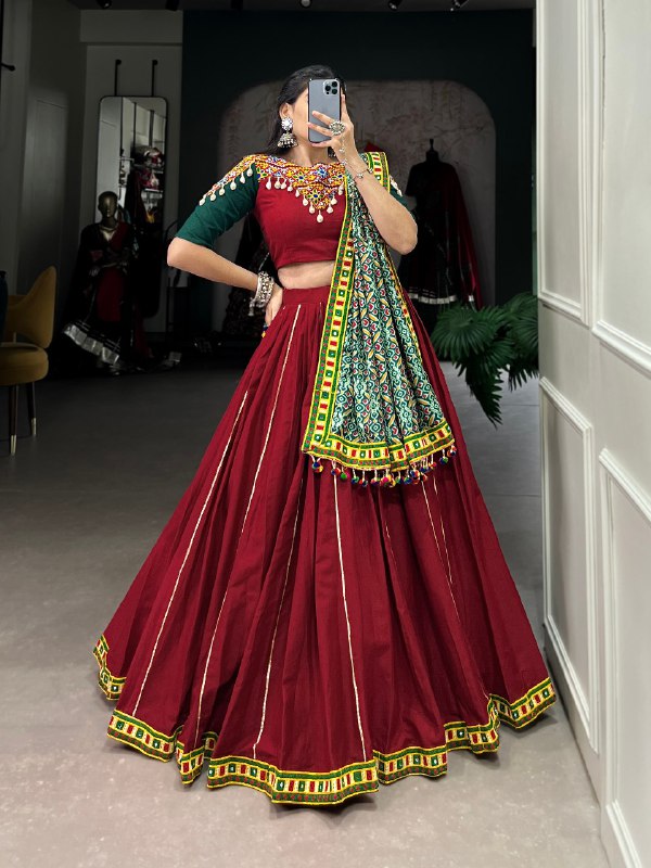 Navratri Special Red Color Fully Flaired Pure Cotton Base Lehenga Choli Set