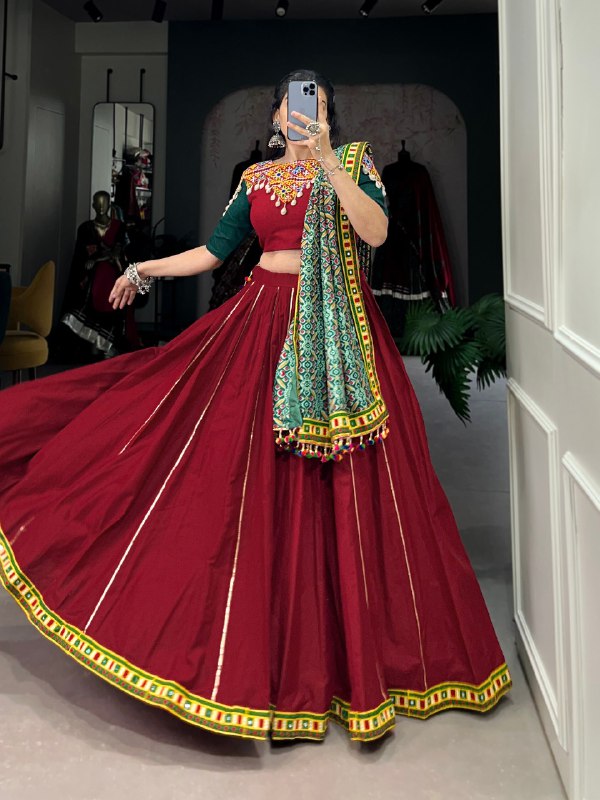 Navratri Special Red Color Fully Flaired Pure Cotton Base Lehenga Choli Set