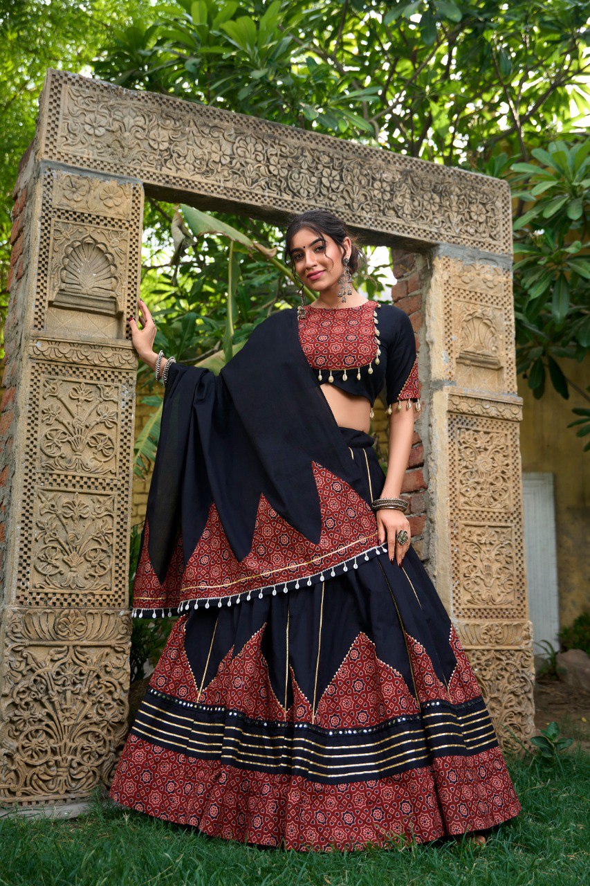 Navratri Special Black & Maroon Color Fully Flaired Pure Cotton Base Lehenga Choli Set