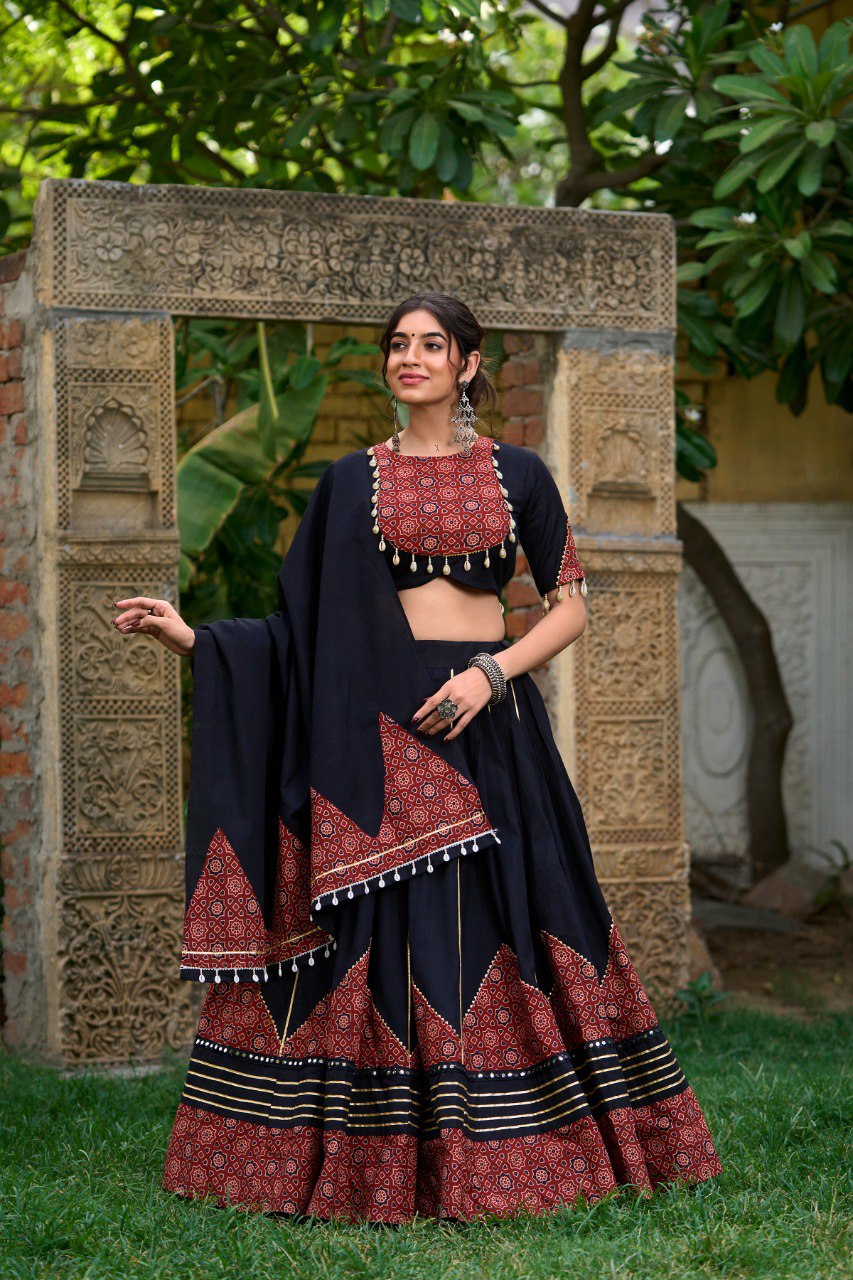 Navratri Special Black & Maroon Color Fully Flaired Pure Cotton Base Lehenga Choli Set