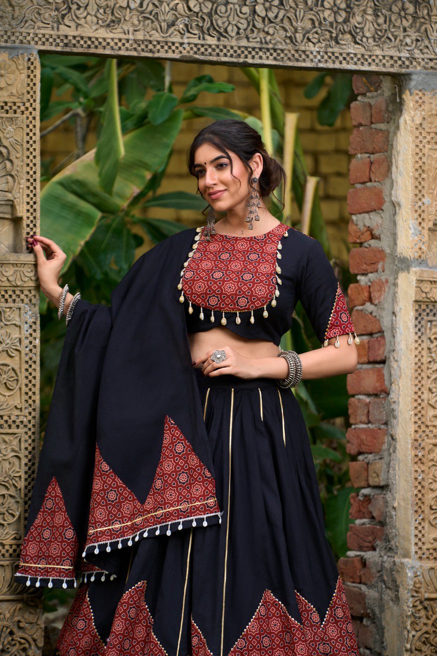 Navratri Special Black & Maroon Color Fully Flaired Pure Cotton Base Lehenga Choli Set